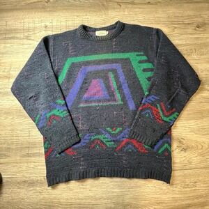 J.J. Cochran Sweater Mens Large Navy Blue Geometric Abstract Vintage 90s USA